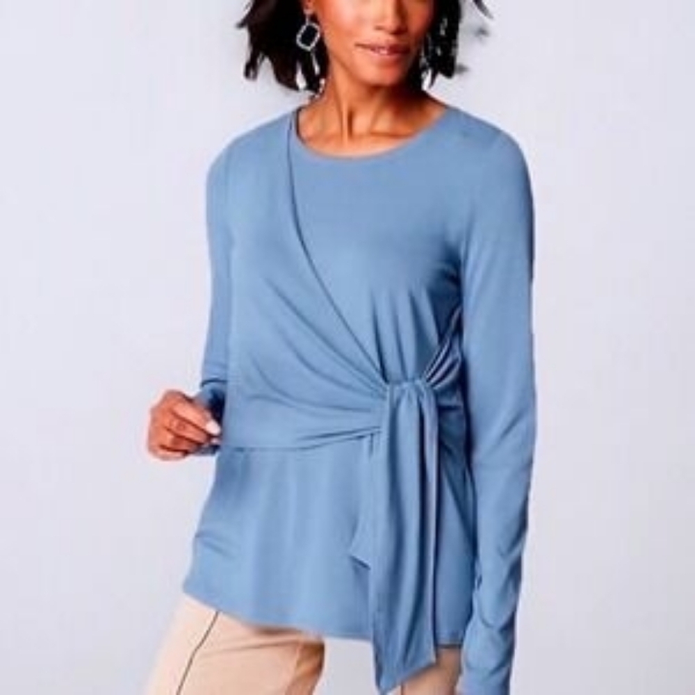 J. Jill Wearever | Blue Stretch Jersey Knit Tie Front Wrap Long Sleeve Top PL